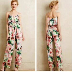 Anthropologie 100% Silk Floral Jumpsuit Size Small